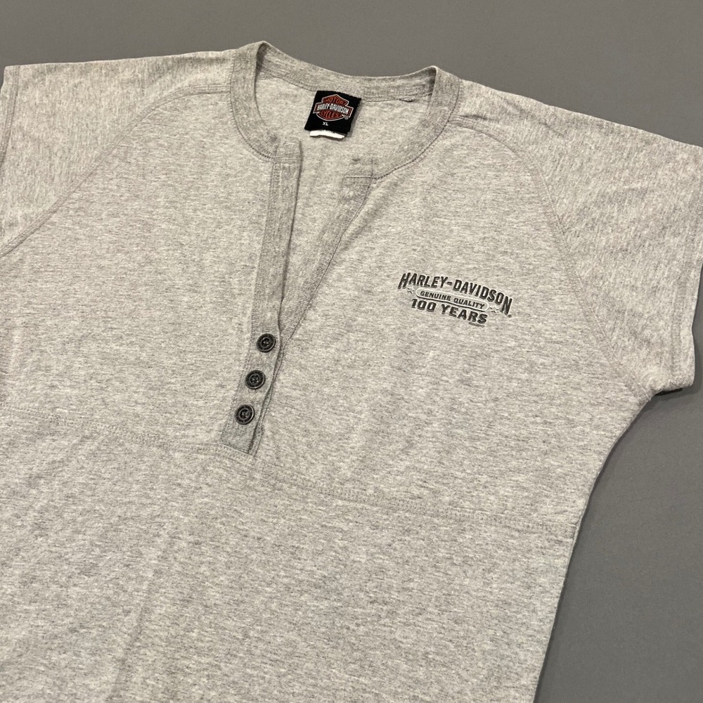 Harley Davidson 100th Anniversary Henley Shirt XL Grey Made in USA Vintage Y2K